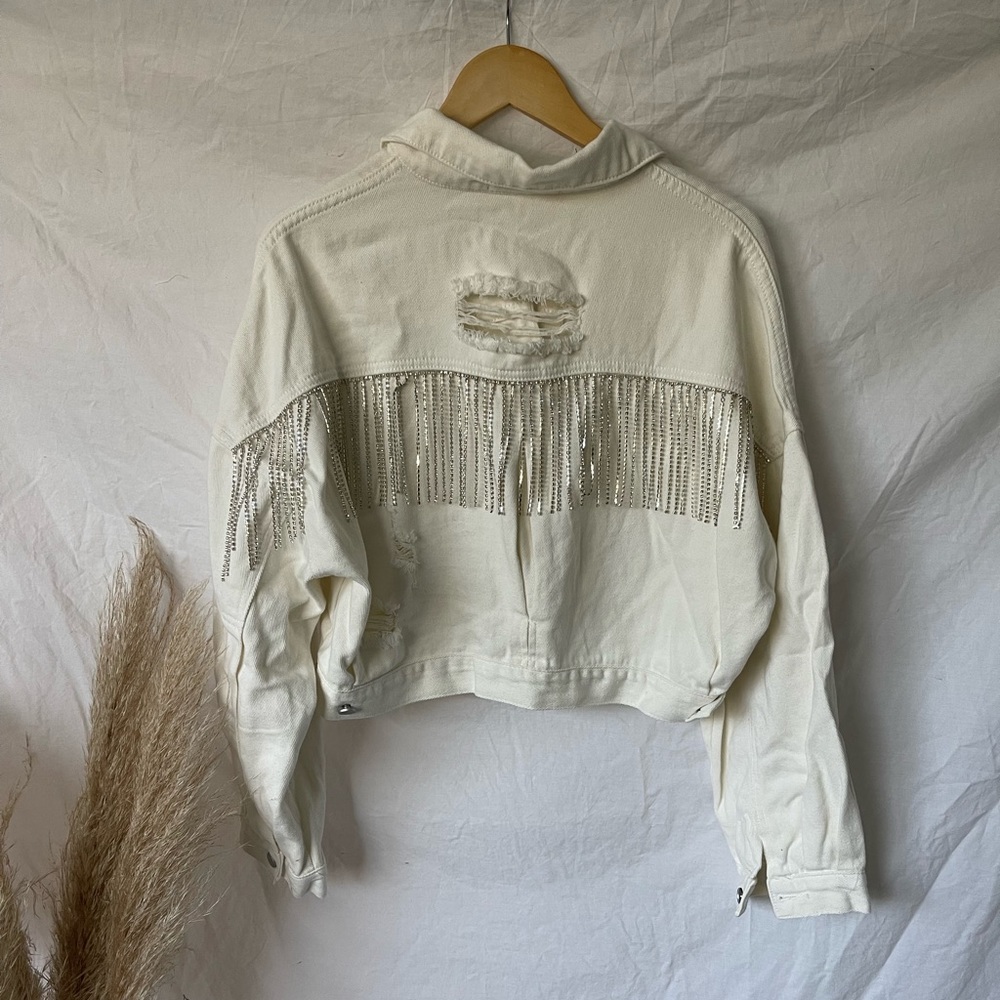 Rhinestone White Denim Jacket